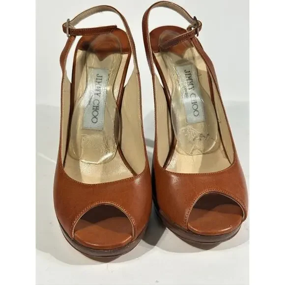 Jimmy Choo Platform Slingback Peep Roe Patent Leather Tan High Heel 7.5" - Picture 5 of 5